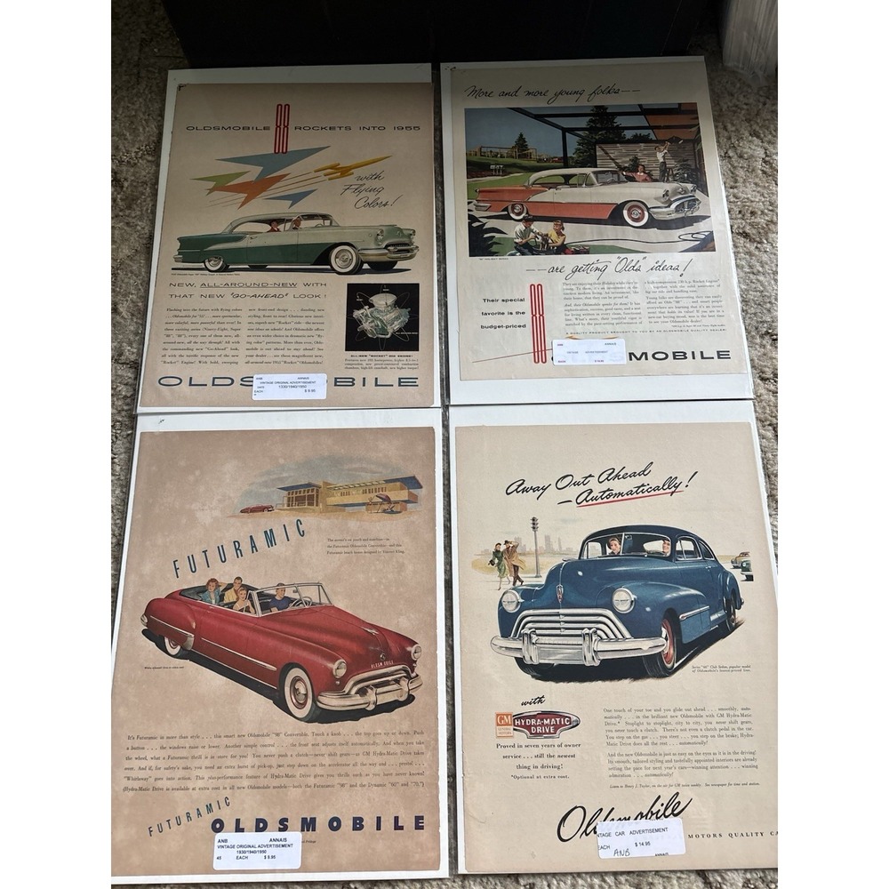Lot 8 Vintage 1940s Oldsmobile Print Ad Futuramic Convertible Hydra-Matic GM Art
